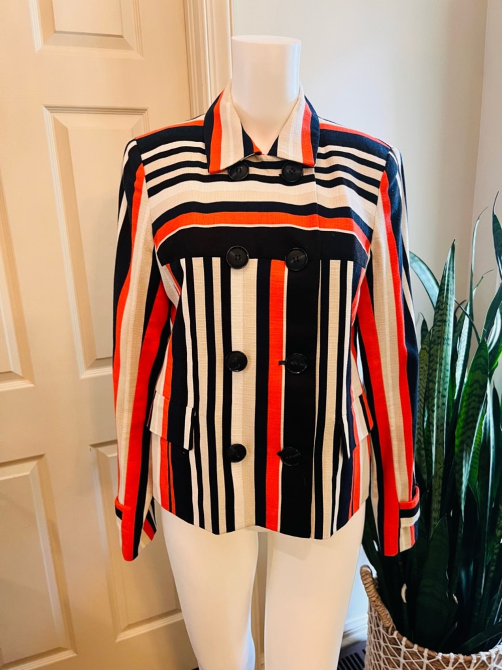 Striped Blazer Jacket Size 8 NWT Orange Black Cream Double Breasted Statement